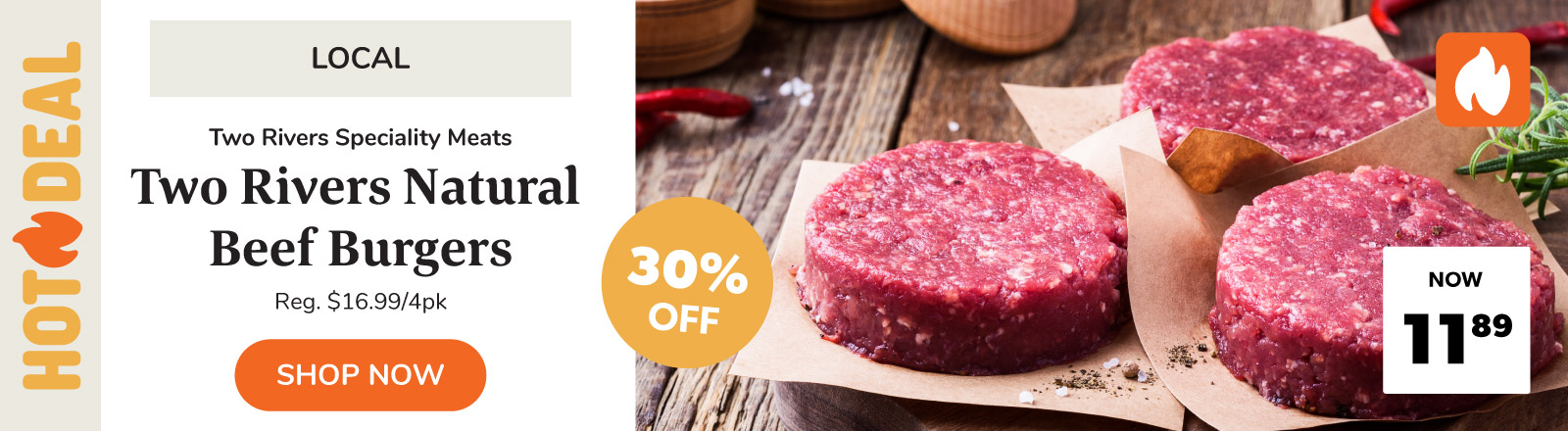 30% off Two Rivers Natural Beef Burgers this week only 