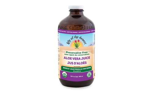 Organic Whole Aloe Vera Juice, Preservative Free, GLASS- Code#: PC1953